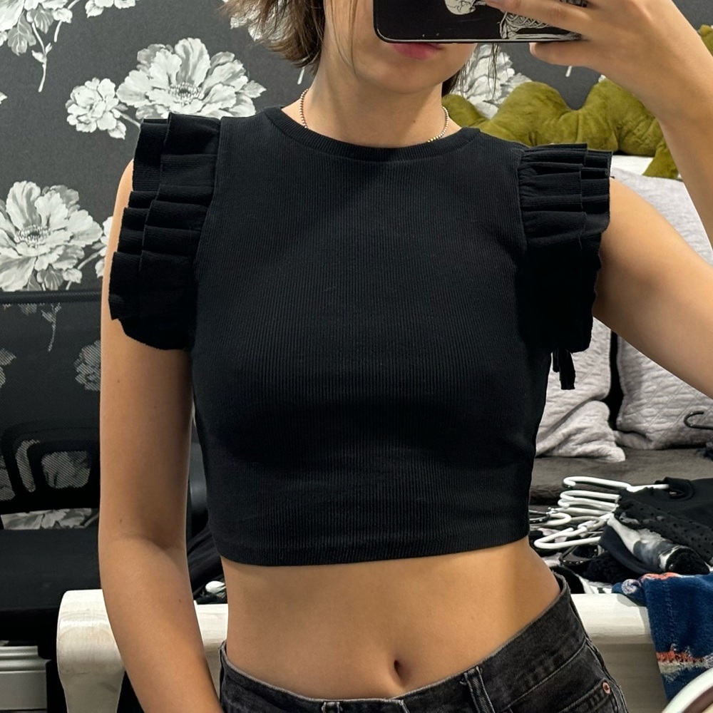 ZARA Black Ruffle Sleeve Top
